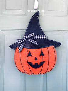 Pumpkin Witch Halloween Wood Door Hanger