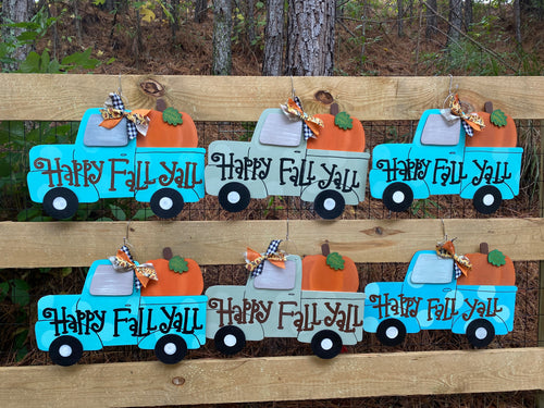 Happy Fall Yall Pumkin Truck Wood Door Hanger