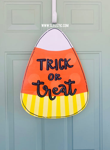 Trick or Treat Candy Corn Wood Door Hanger - Halloween