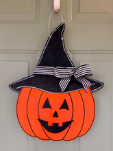 Pumpkin Witch Halloween Wood Door Hanger Striped Bow