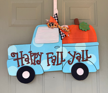 Happy Fall Yall Pumpkin Truck Wood Door Hanger - Teal