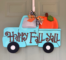 Happy Fall Yall Pumpkin Truck Wood Door Hanger - Teal