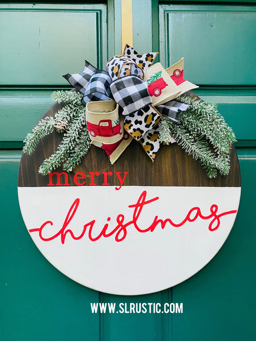 Merry Christmas Round Wood Door Hanger