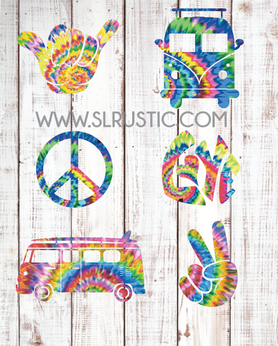 Tie-Dye Hippie decals, VW van decal, peace sign decal, shaka hand decal, love decal, car decal, yeti cooler decal, laptop decal.