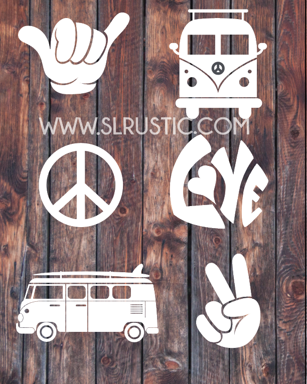 Hippie decals, VW van decal, peace sign decal, shaka hand decal, love decal, car decal, yeti cooler decal, laptop decal.