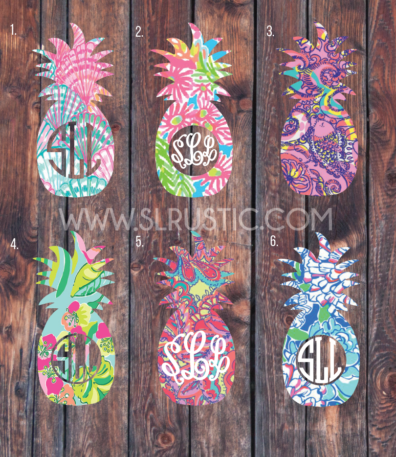Lilly Pulitzer inspired pineapple monogram decal, yeti cooler monogram decal, laptop decal, Car decal. measures in height.