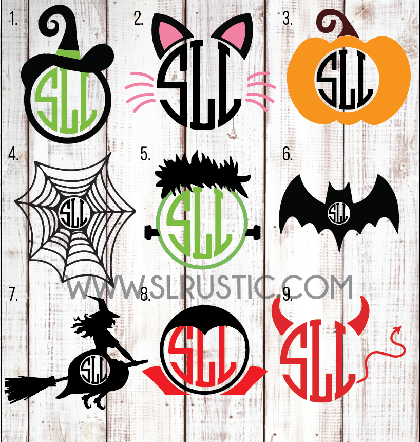 Halloween monogram decal, witch, pumpkin, trick or treat, spider web, bat, frankenstein, cat monogram decal, dracula, devil, october.