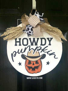 Howdy Pumpkin Cowboy Wood Door Hanger - Fall